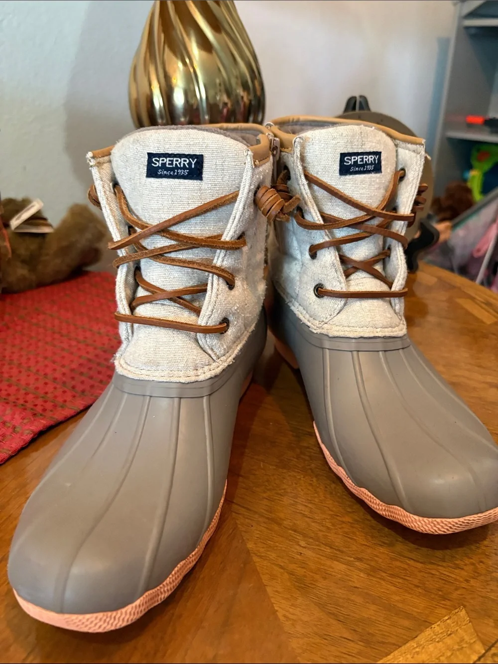 Sperry  Gray Duck Boots with Cream Textile Upper